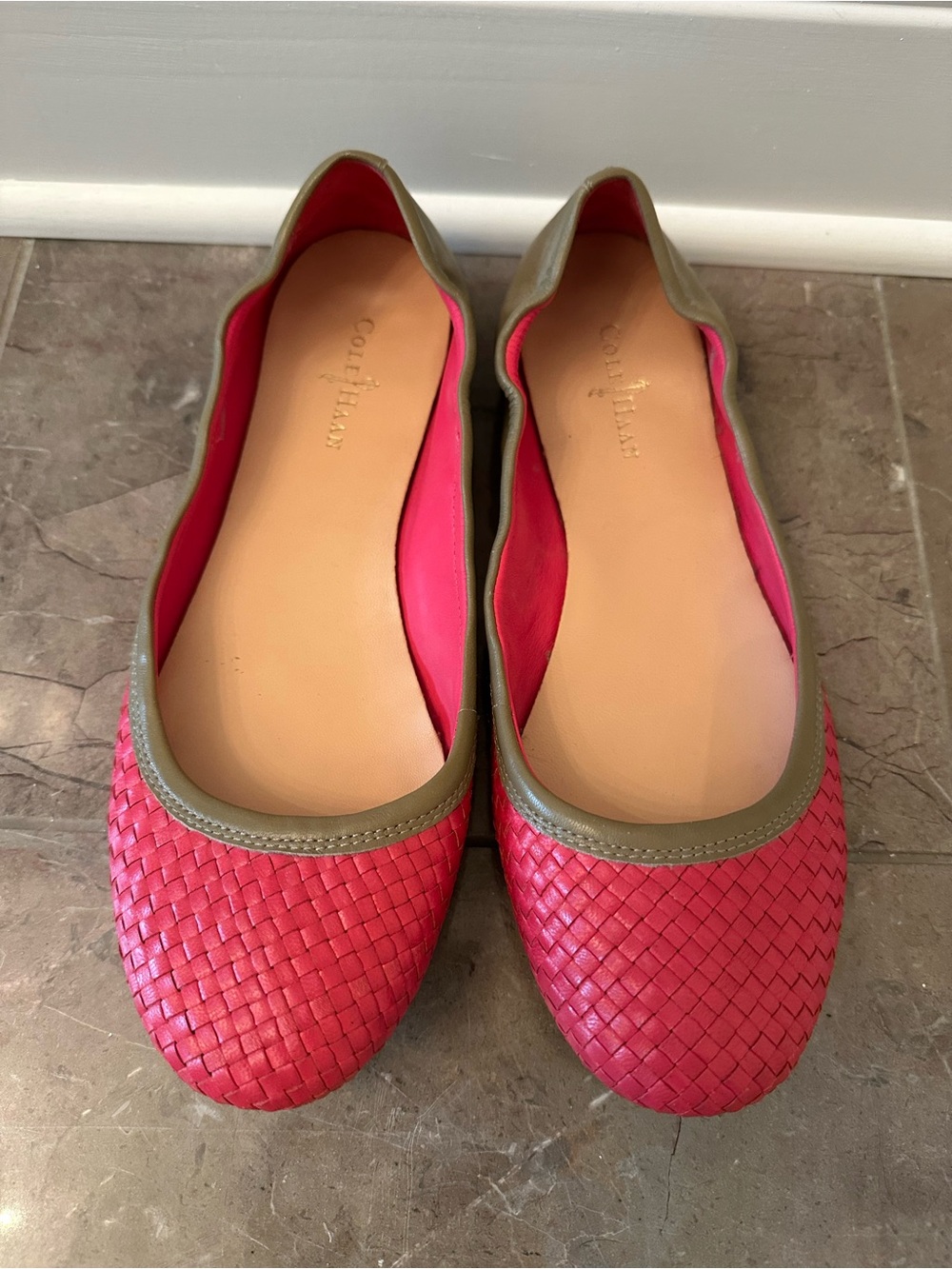 Cole Haan Pink Woven Ballet Flats with Olive Trim